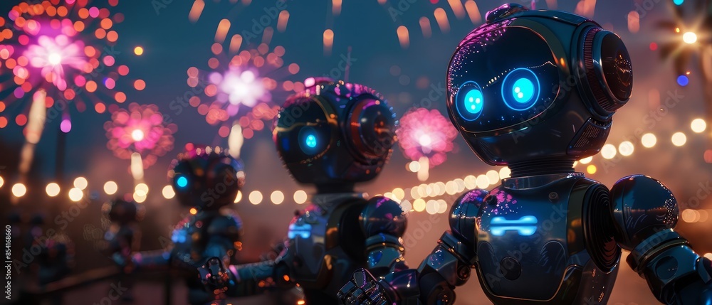 Group of android robots celebrating with fireworks, ultra-detailed, photorealistic, vibrant colors, dynamic lighting Group of android robots celebrating with fireworks, ultra-detailed, photorealistic, vibrant colors, dynamic lighting