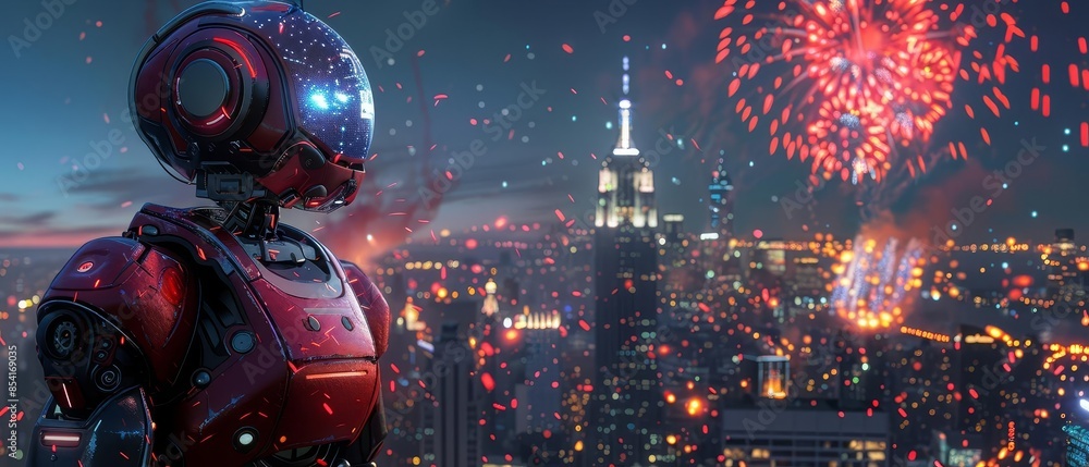 Patriotic android robot in front of a lit-up skyline, Fourth of July celebration, detailed fireworks display, photorealistic Patriotic android robot in front of a lit-up skyline, Fourth of July celebration, detailed fireworks display, photorealistic