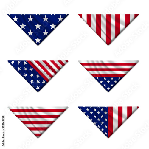 Folded USA flag. Set of American flags folded into a triangle isolated on white background. Concept Memorial Day, Independence Day, July 4th. Flat lay, Top view. Vector illustration.
