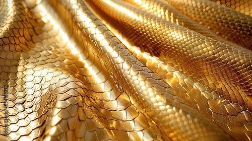 Golden reptile skin texture background with light reflections photo