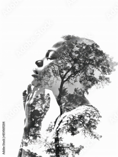 Double Exposure Portrait of Woman with Trees