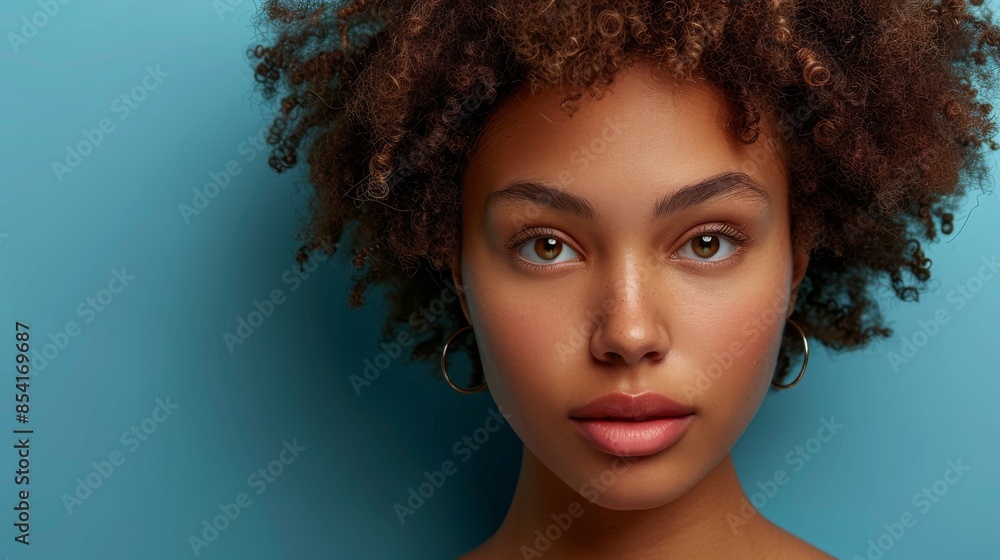 Young woman with curly hair and natural makeup poses for a headshot against a blue background Young woman with curly hair and natural makeup poses for a headshot against a blue background