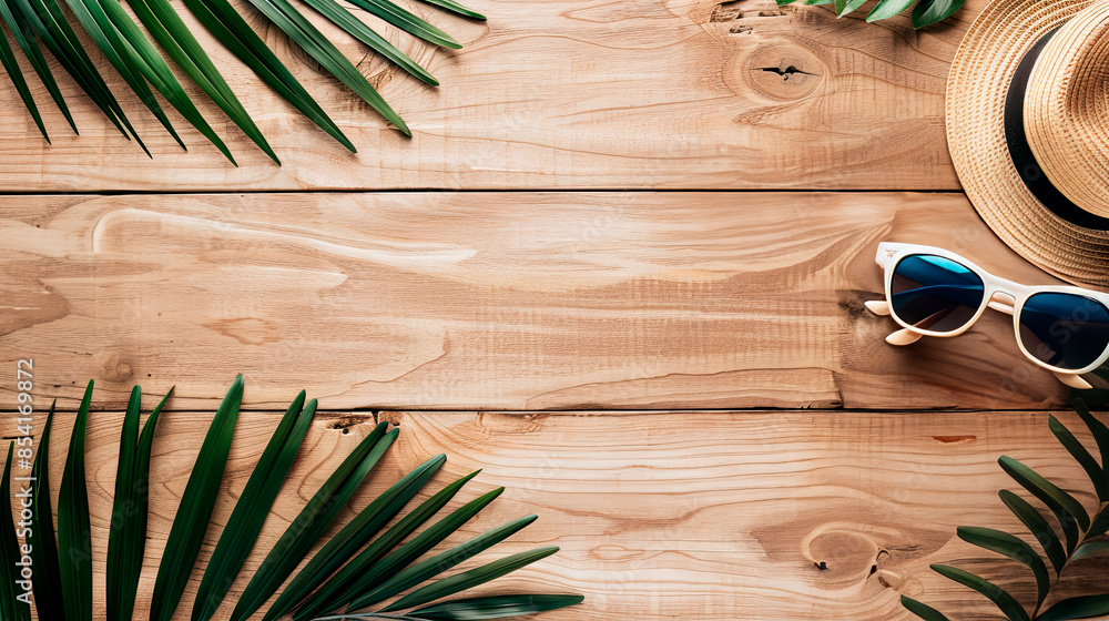 Tropical leaves, straw hat, and sunglasses on a light wooden background, indoors, daytime. Concept of summer vacation and tropical theme. Ideal for travel marketing, summer campaigns, and nature Tropical leaves, straw hat, and sunglasses on a light wooden background, indoors, daytime. Concept of summer vacation and tropical theme. Ideal for travel marketing, summer campaigns, and nature