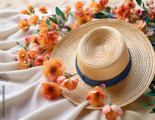 Chic Beach Fashion: Straw Hat Featuring Blue Band on Floral Fabric photo