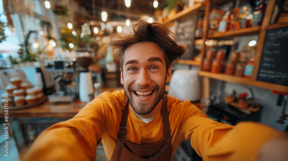 Smiling man in a cafe taking a selfie with a blurred background of shelves and lights Smiling man in a cafe taking a selfie with a blurred background of shelves and lights