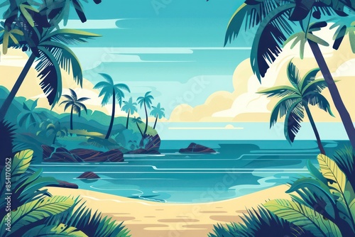 Tropical Island Landscape With Palm Trees and a Clear Blue Ocean