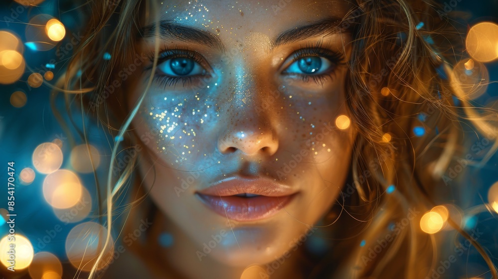 Stunning portrait of a young woman with glittering makeup surrounded by soft lights Stunning portrait of a young woman with glittering makeup surrounded by soft lights