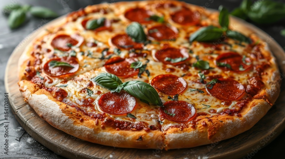 Delicious pepperoni pizza with melted cheese and fresh basil on a wooden board Delicious pepperoni pizza with melted cheese and fresh basil on a wooden board