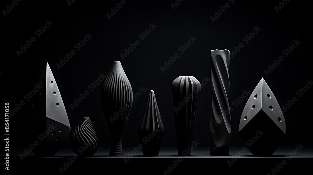 A row of seven black vases of various shapes and sizes sit on a black table against a black background. A row of seven black vases of various shapes and sizes sit on a black table against a black background.