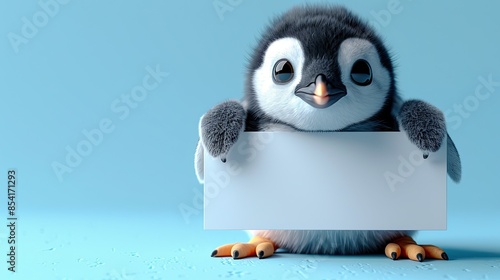 Adorable baby penguin holding blank sign on blue background