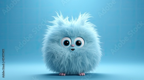 This is a 3D rendering of a cute and fluffy blue creature. It has big blue eyes and a pink nose.