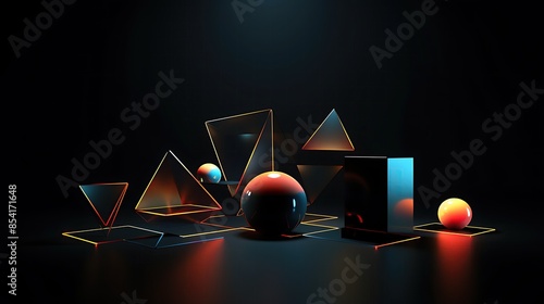 3D rendering of a dark and mysterious scene with glowing geometric shapes.