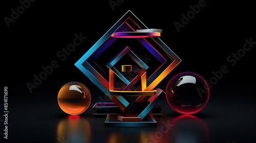 3D rendering of a podium with geometric shapes and spheres. The podium is made of blue and orange neon lights and has a glossy surface.
