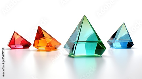 Four colorful crystal pyramids of different sizes sit on a reflective surface against a white background.
