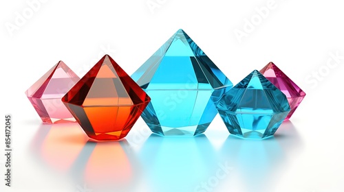 3D rendering of colorful gemstones on a white background.
