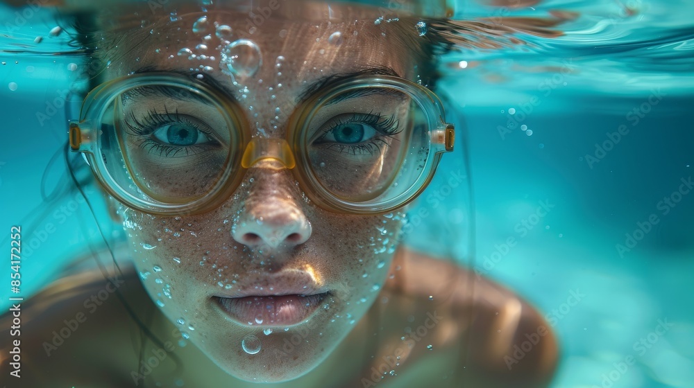 Underwater image with striking details of water droplets on a swimmer's goggles and face Underwater image with striking details of water droplets on a swimmer's goggles and face