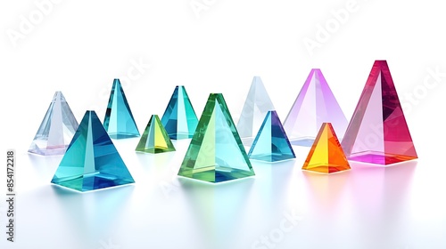 A group of colorful 3D pyramids made of glass or crystal on a white glossy surface.