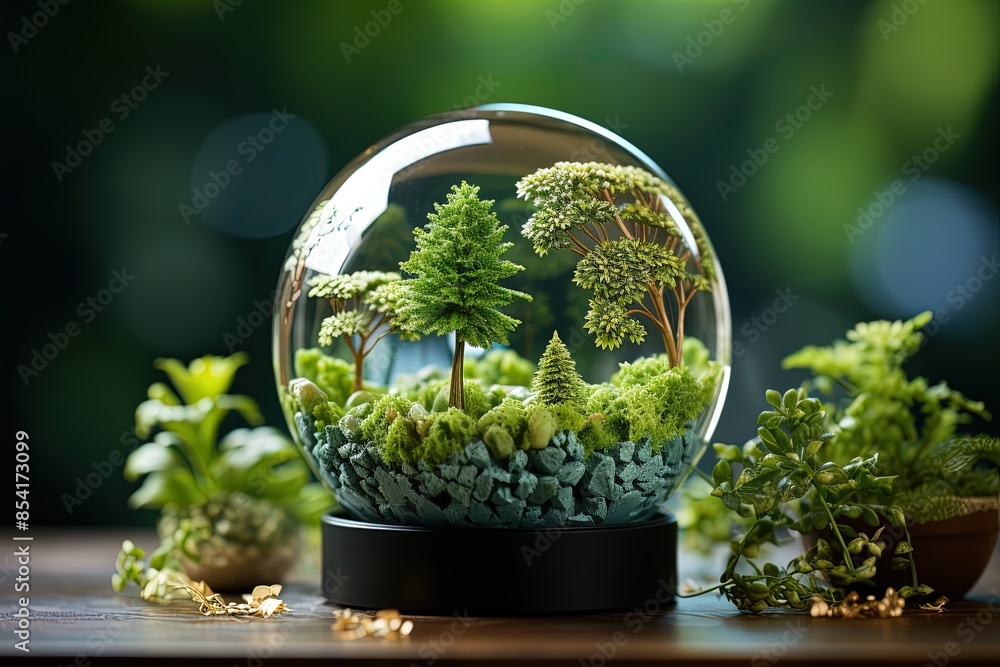 Crystal globe with green plants inside Crystal globe with green plants inside