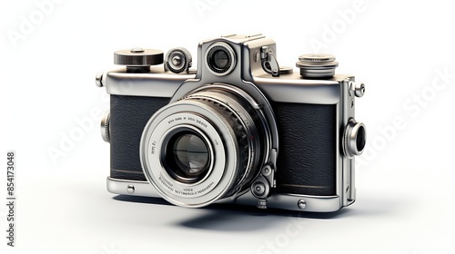 A close-up of a vintage camera with a silver body and black leather accents. The camera is sitting on a white surface with a white background.