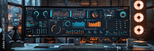 A sleek, modern analytical dashboard with charts and graphs powered by AI. The screen is set against a professional office background. Generative AI