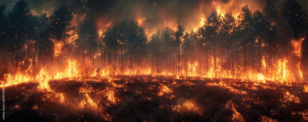 Capturing a forest ablaze with bright flames consuming trees and undergrowth, the image conveys the power and destruction of a fire Capturing a forest ablaze with bright flames consuming trees and undergrowth, the image conveys the power and destruction of a fire
