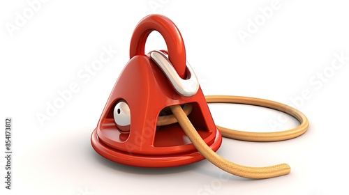 3D rendering illustration of a red and silver carabiner with a rope going through it. The carabiner is isolated on a white background.