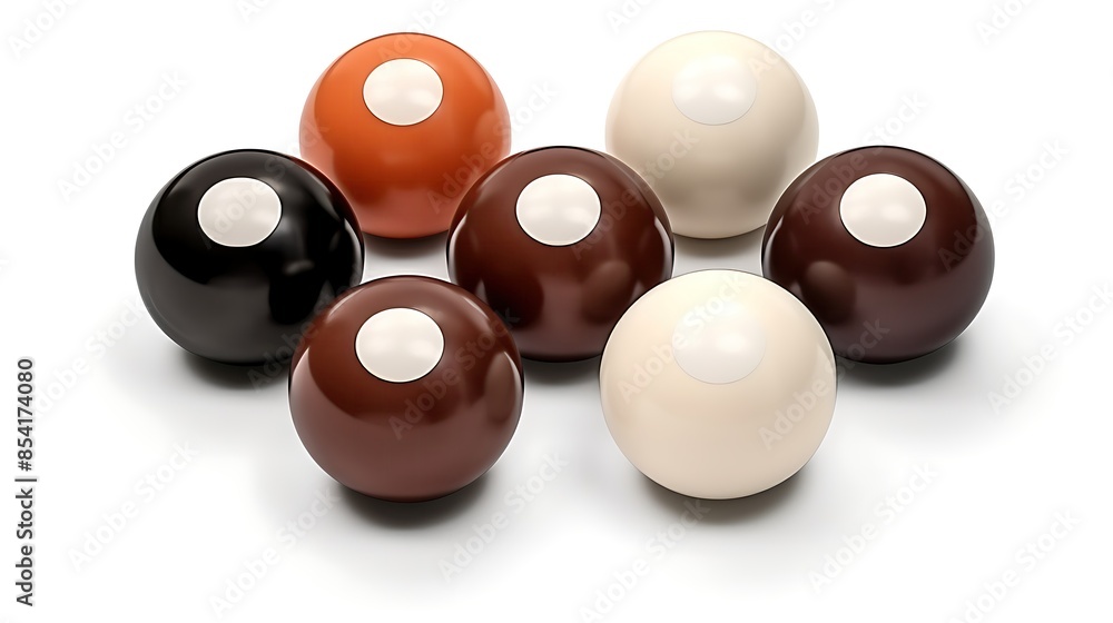3D render of a set of billiard balls on a white background. The balls are arranged in a loose cluster, with the white ball in the center. 3D render of a set of billiard balls on a white background. The balls are arranged in a loose cluster, with the white ball in the center.