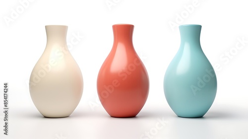 Three ceramic vases of different colors are arranged in a row against a white background.