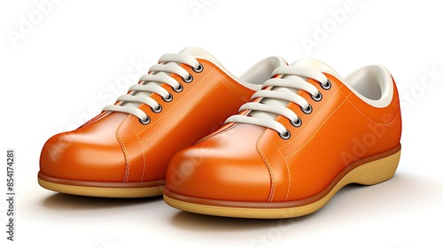**Orange sneakers** A pair of orange sneakers with white laces. The shoes are made of a smooth material and have a rubber sole.