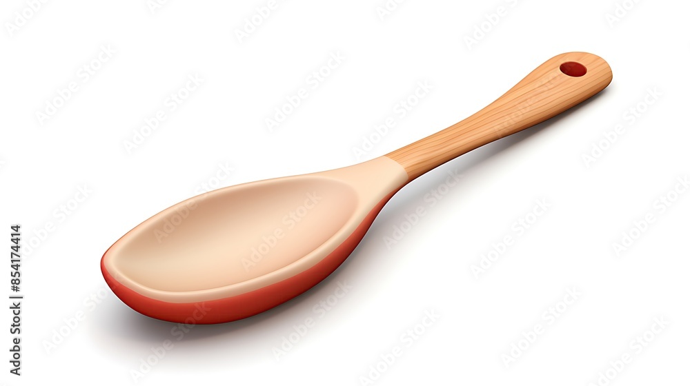 A wooden spoon with a ceramic bowl is isolated on a white background. The spoon is a light brown color, and the bowl is a dark red color. A wooden spoon with a ceramic bowl is isolated on a white background. The spoon is a light brown color, and the bowl is a dark red color.