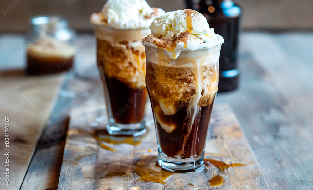 root beer float with ice cream and caramel on a countertop root beer float with ice cream and caramel on a countertop