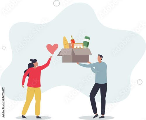 Humanitarian aid Charity concept.volunteers hold box with grocery products to help and support injured people.flat llustration.