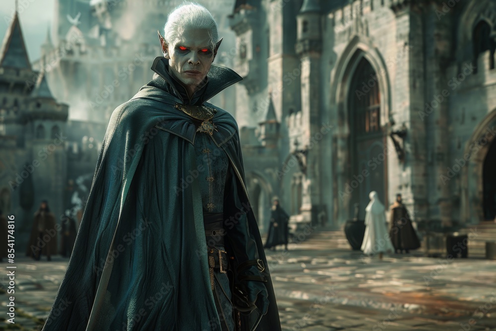 Naklejka premium A pale, menacing vampire with piercing red eyes and a black cloak stands in front of a gothic castle, surrounded by dark-clad figures in a medieval setting.