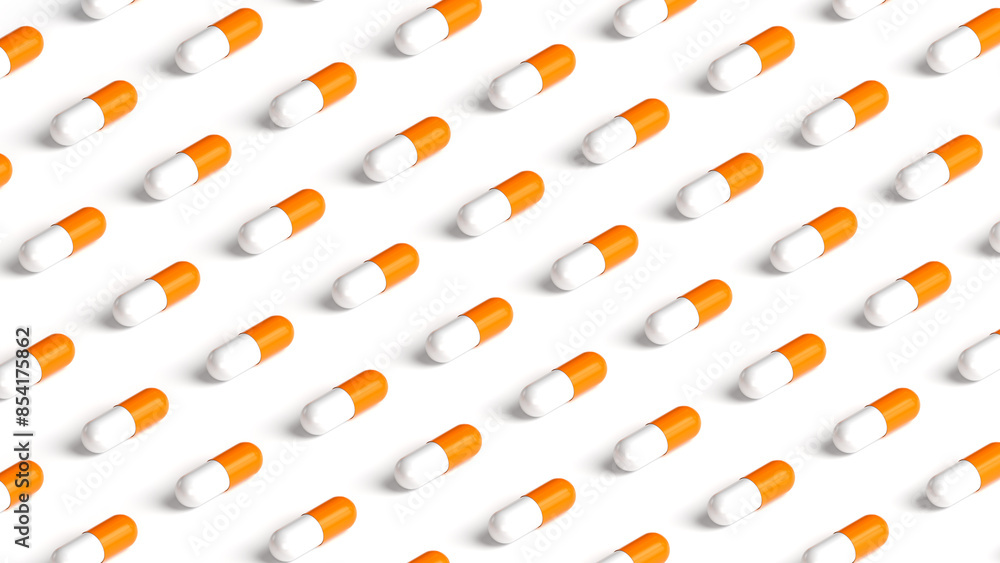 Many white orange capsules on white background, tablet grid. Drug, tablet, pills top flat view. 3d render illustration Many white orange capsules on white background, tablet grid. Drug, tablet, pills top flat view. 3d render illustration