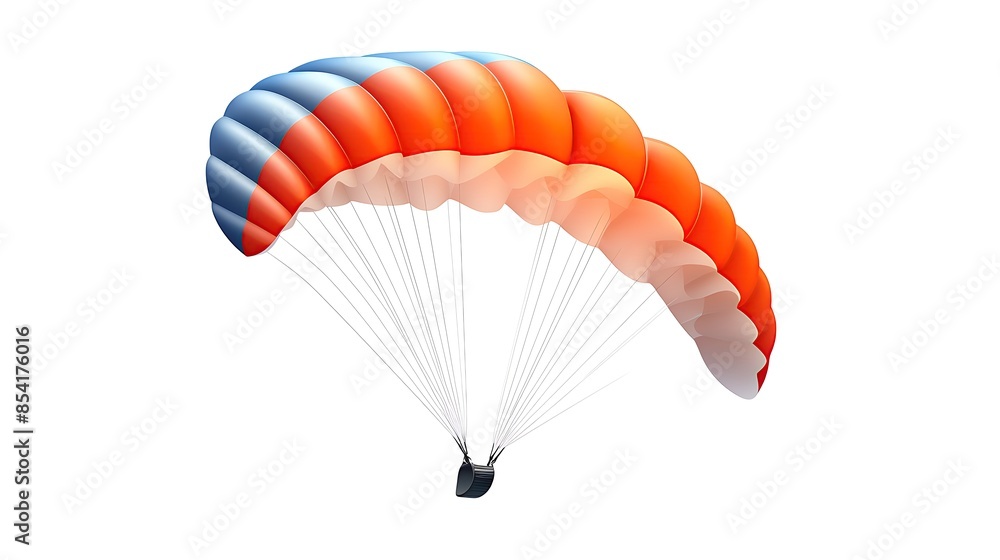 Orange and blue parachute flies through the sky. It has a black harness. The parachute is open and looks like it is about to land.