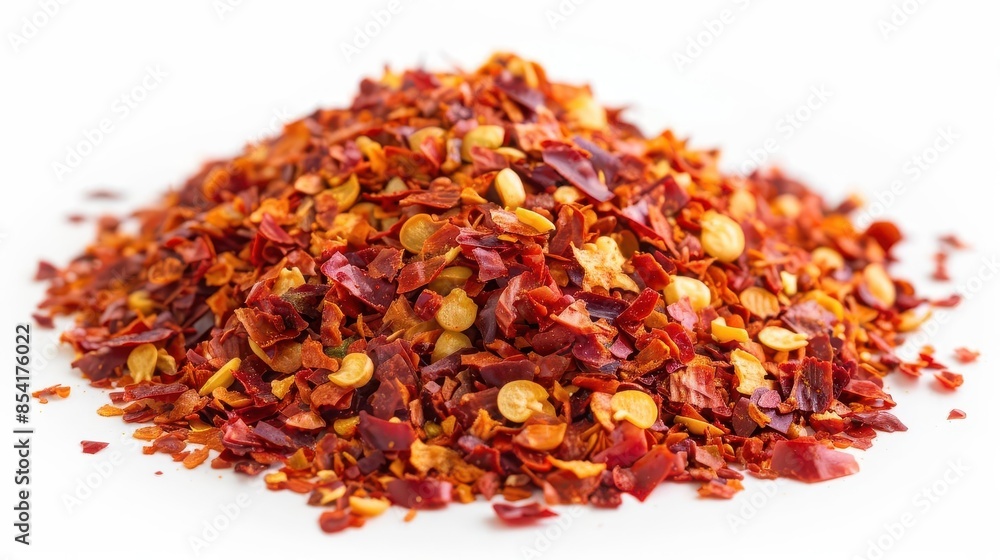 closeup of vibrant red chili pepper flakes pile isolated on white food photography closeup of vibrant red chili pepper flakes pile isolated on white food photography