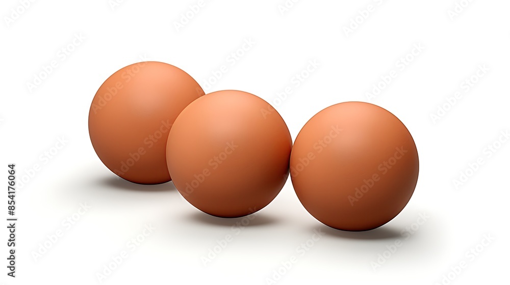 Three brown eggs are sitting on a white surface. The eggs are all the same size and are arranged in a row. Three brown eggs are sitting on a white surface. The eggs are all the same size and are arranged in a row.