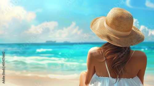Serene Summer Escape Woman in Straw Hat Relaxing on Tropical Beach Gazing at Turquoise Sea High Definition Digital Rendering of Relaxation and Natural Beauty © AbiScene