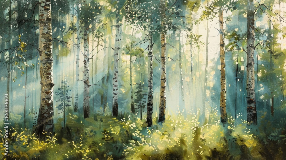 Forest of birch and pine trees with sunlight filtering through creating a play of shadows and brightness Forest of birch and pine trees with sunlight filtering through creating a play of shadows and brightness