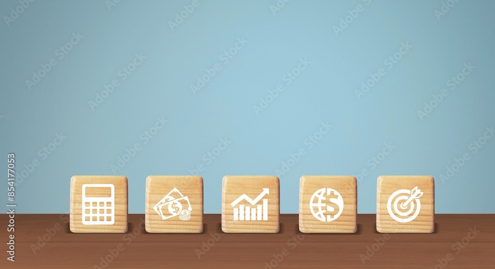 business finance icons on wooden block business finance icons on wooden block