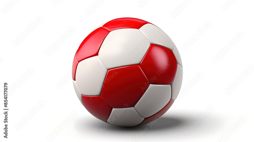 Red and white soccer ball on a white background. The ball is in focus and there is a slight shadow on the ground. Red and white soccer ball on a white background. The ball is in focus and there is a slight shadow on the ground.