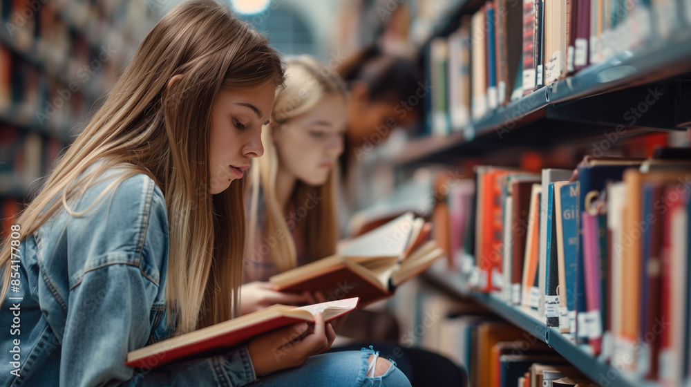 Female students gathered in the library, sitting on the floor by the bookshelf, and studying together Female students gathered in the library, sitting on the floor by the bookshelf, and studying together