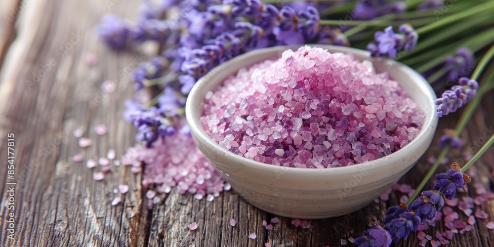 A bowl of pink salt is on a wooden table with purple flowers. Generate AI image