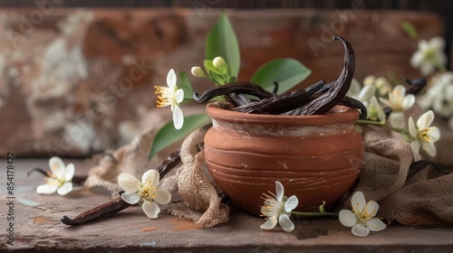 dried vanilla pods in clay pot with vanilla flower blossoms in background aromatic spice ingredient 7 photo