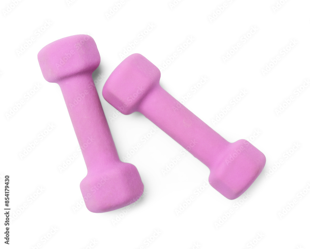 Violet dumbbells isolated on white, top view. Sports equipment Violet dumbbells isolated on white, top view. Sports equipment