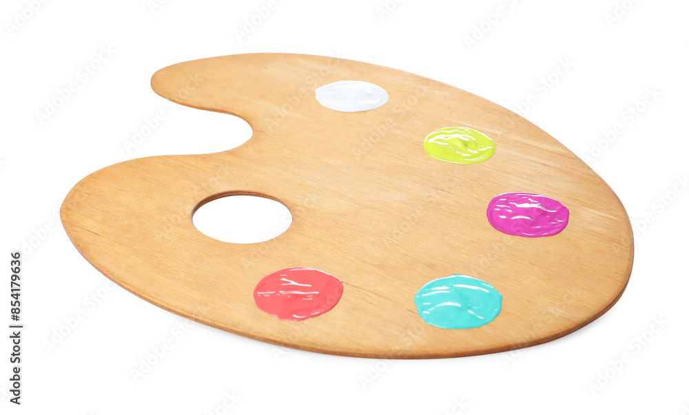 Wooden artist's palette with samples of paints isolated on white Wooden artist's palette with samples of paints isolated on white