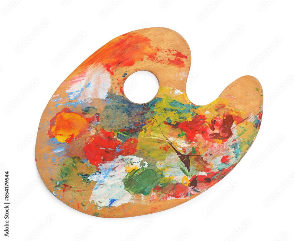 Fototapeta premium Artist's palette with mixed paints isolated on white, top view