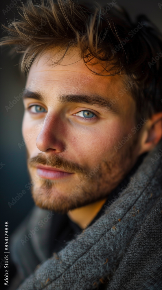 Handsome young man with blonde hair, blue eyes, and a beard strikes a pose in a stylish grey scarf Handsome young man with blonde hair, blue eyes, and a beard strikes a pose in a stylish grey scarf