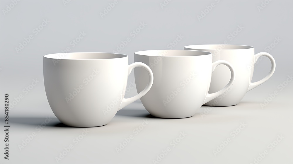 Three white ceramic cups are arranged in a row on a solid white background. The cups are all the same size and have a simple, modern design. Three white ceramic cups are arranged in a row on a solid white background. The cups are all the same size and have a simple, modern design.