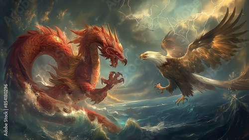  dragon and a eagle locked in an epic mid-air battle